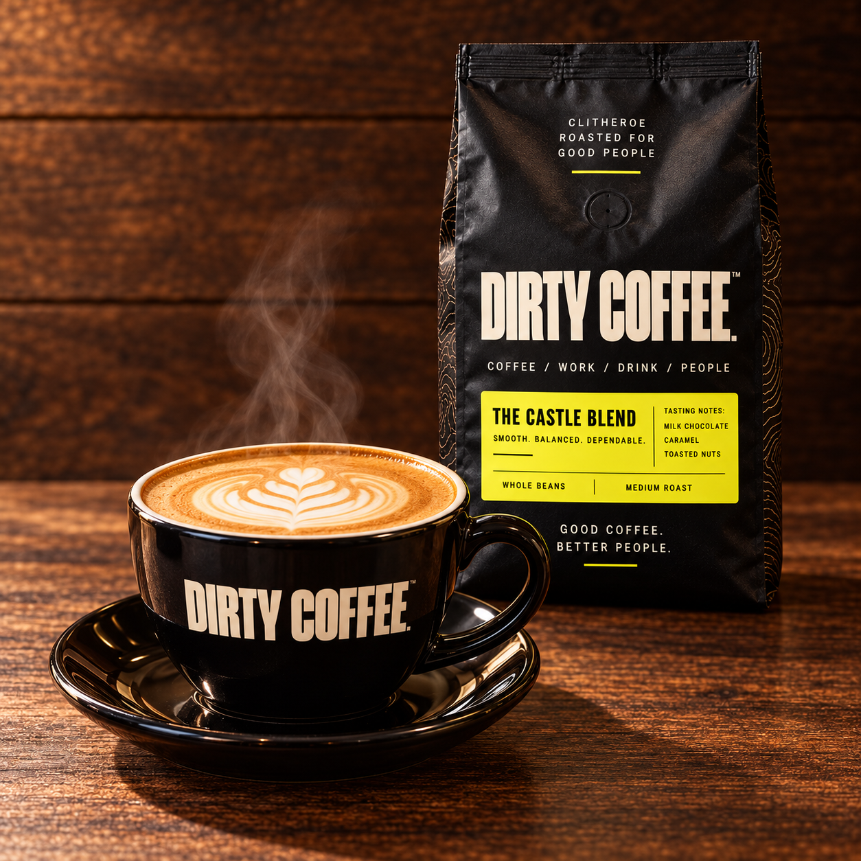 The Castle Blend with a finished cup of coffee.